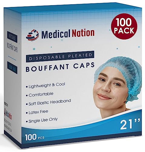 Medical Nation Hair Net, Disposable Pleated Hair Nets | Blue, 100 Count | Bouffant Hair Cap Hair Nets for Food Service, Medical Use - 21" Hairnets for Women & Men- Latex Free with Elastic Band - Blue