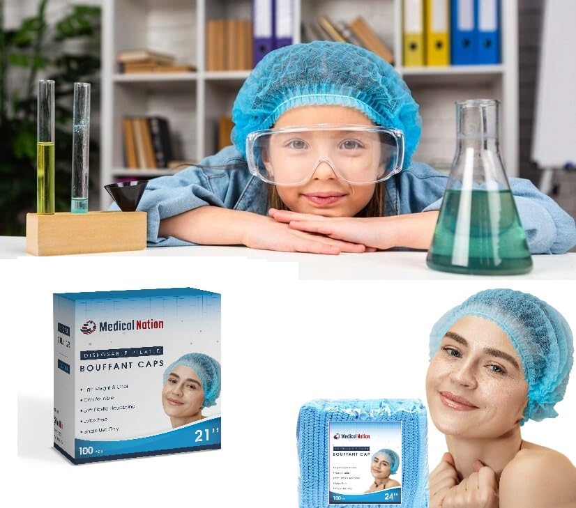 Medical Nation Hair Net, Disposable Pleated Hair Nets | Blue, 100 Count | Bouffant Hair Cap Hair Nets for Food Service, Medical Use - 21" Hairnets for Women & Men- Latex Free with Elastic Band - Blue