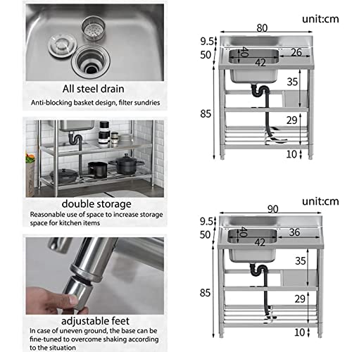 Freestanding Stainless Steel Sink, Commercial Restaurant Sink, Outdoor Single Bowl Station Utility Sink for Bar Restaurant Kitchen Hotel and Home 1 Compartment Sink with Drainer Unit and Tap