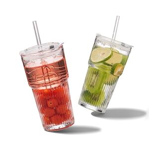 bluepolar 20oz/600ml glass cups with lids and glass straws ，thick wall iced coffee cup glass cup for water, iced tea fruit juice etc（clear,2 pack）