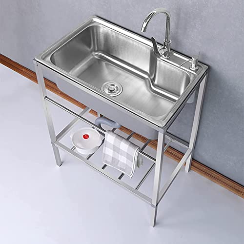 Stainless Steel Sink, 68 * 44cm Catering Sink, All-in-One Standing Utility Wash Basin single Bowl 304 Stainless Steel Catering Free Standing 1 Compartment for Restaurant Kitchen Laundry Garage