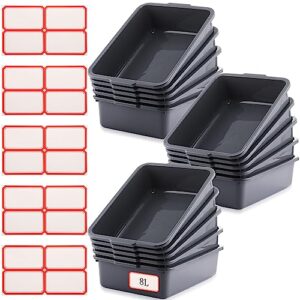 sherr 15 pieces 8l food service bus tubs with 20 labels heavy duty plastic bus box utility tub commercial wash basin tote box for home, kitchen, restaurant daily use, toys, hotel (gray)
