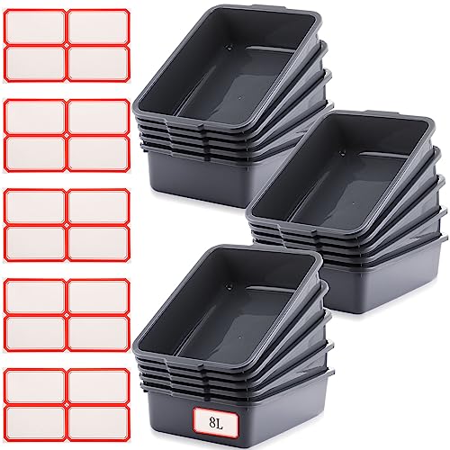 Sherr 15 Pieces 8L Food Service Bus Tubs with 20 Labels Heavy Duty Plastic Bus Box Utility Tub Commercial Wash Basin Tote Box for Home, Kitchen, Restaurant Daily Use, Toys, Hotel (Gray)