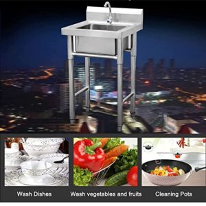 Commercial Restaurant Sink, Free Standing 201 Stainless Steel Commercial Sink with Faucet Utility Sink Outdoor Sink Single Bowl Laundry Utility Room Sinks for Indoor Bathroom Restaurant