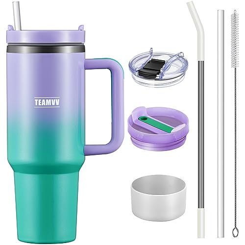 TEAMVV 40 oz Tumbler with Handle and Straw Stainless Steel Vacuum Insulated Tumbler Tea or Iced Coffee Mug for Hot or Cold Beverages 40 oz Tumbler with Handle(Fairyland Green)