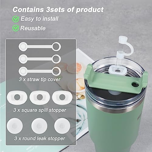 9 Pack Silicone Spill Proof Stopper, Compatible With Stanley Cup 1.0 40oz/ 30oz, Leak Stopper Tumbler Accessories with 3 Straw Cover Cap, 3 Square Spill Stopper and 3 Round Leak Stopper