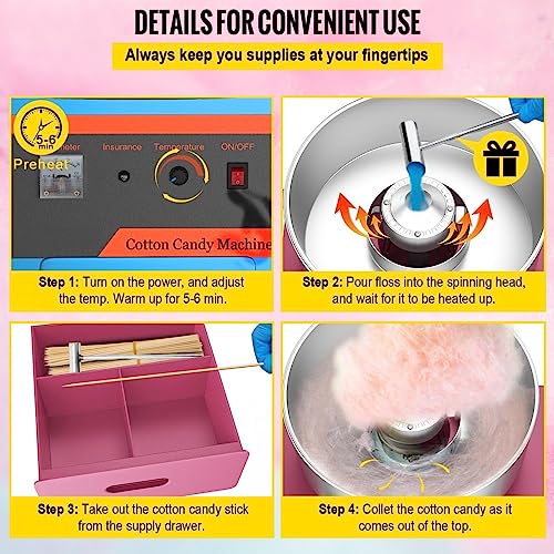 Commercial Cotton Candy Machine with Cart for Family and Parties - 19.7 Inch, Pink - Ideal for Birthday Parties and Events