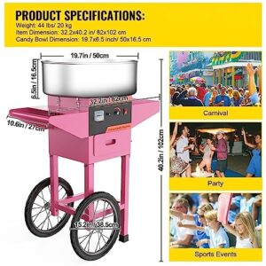 Commercial Cotton Candy Machine with Cart for Family and Parties - 19.7 Inch, Pink - Ideal for Birthday Parties and Events