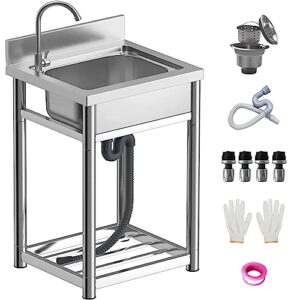 free standing utility sink, single bowl kitchen sink outdoor sink station, with hot and cold faucet drain basket, shelf, towel bar, for garage, laundry room, outdoor (21 inch)