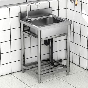 Free Standing Utility Sink, single Bowl Kitchen Sink Outdoor Sink Station, with Hot and Cold Faucet Drain Basket, Shelf, Towel Bar, for Garage, Laundry Room, Outdoor (21 Inch)