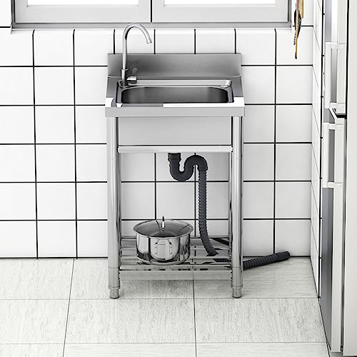 Commercial Stainless Steel Sink,single Bowl Kitchen Sink With Cold And Hot Water Faucets,Outdoor Sink Station With Storage Shelve for Farmhouse, Bathroom, Bar, Laundry Room (21 Inch)