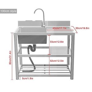 Stainless Steel Utility Sink, Commercial Restaurant Sink, Single Bowl w/Faucet & Drainboard Outdoor Garden Sink, for Kitchen Laundry Room Garage L100*W50*H80cm/L39.3*W19.6*H31.4in LeftSingleSlot