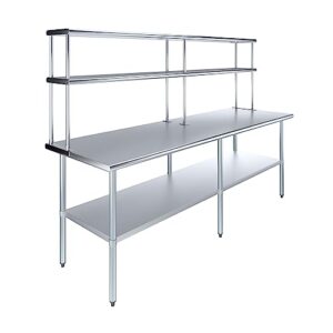 30" x 96" stainless steel work table with 12" wide double tier overshelf | metal kitchen prep table & shelving combo