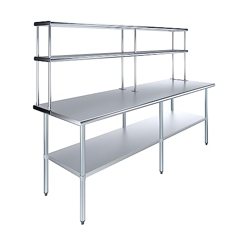 30" x 96" Stainless Steel Work Table with 12" Wide Double Tier Overshelf | Metal Kitchen Prep Table & Shelving Combo