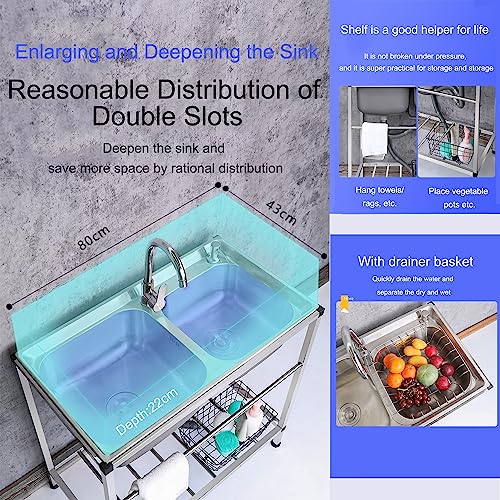 Outdoor Sink Station,Stainless Steel Utility Kitchen Sink,Garden Sink,Commercial Restaurant Sink,Farmhouse Sink,Portable Freestanding Double Bowls Sink,for Backyard,Garage,Laundry Room (Color : Hot+C