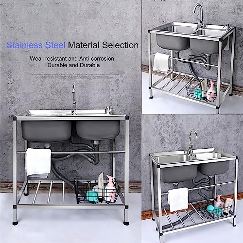 Outdoor Sink Station,Stainless Steel Utility Kitchen Sink,Garden Sink,Commercial Restaurant Sink,Farmhouse Sink,Portable Freestanding Double Bowls Sink,for Backyard,Garage,Laundry Room (Color : Hot+C