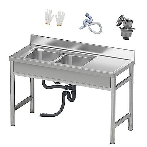 Commercial Restaurant Sink 2 Compartment Free Standing Utility Sink, Large Double Bowl Sink, Outdoor Sink, Industrial Sink for Restaurant, Cafe, Bar, Hotel, Garage, Laundry Room