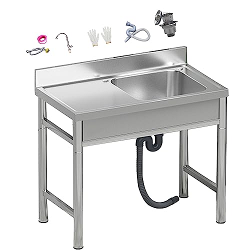 304 Stainless Steel Sink Commercial Restaurant Sink, Stainless Steel Prep & Utility Restaurant Kitchen Sink w/Workbench/Faucet for Restaurant, Cafe, Bar, Hotel, Garage, Laundry Room