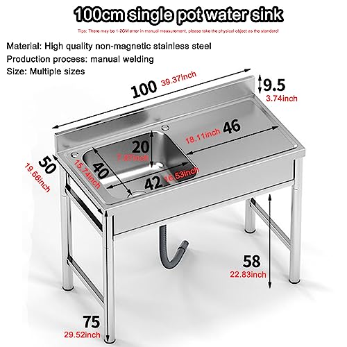 Freestanding Stainless Steel Sink Utility Sink, Single Bowl Commercial Kitchen Sink w/Workbench, Stainless Steel Prep & Industrial Sink for Restaurant, Cafe, Bar, Hotel, Garage, Laundry Room