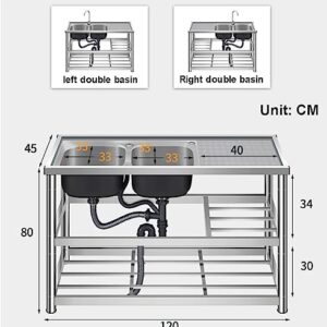 2 Compartment Stainless Steel Utility Sink, Commercial Sink Basin w/Faucet, Free Standing Utility Sink For Home Garage Restaurant Laundry Room, Size 120x45x80cm 47.2x17.7x31.5in