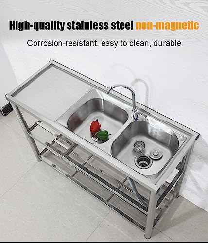 2 Compartment Stainless Steel Utility Sink, Commercial Sink Basin w/Faucet, Free Standing Utility Sink For Home Garage Restaurant Laundry Room, Size 120x45x80cm 47.2x17.7x31.5in