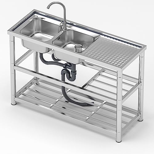 2 Compartment Stainless Steel Utility Sink, Commercial Sink Basin w/Faucet, Free Standing Utility Sink For Home Garage Restaurant Laundry Room, Size 120x45x80cm 47.2x17.7x31.5in