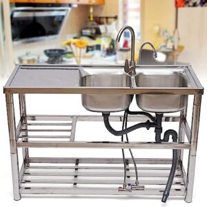 Commercial Kitchen Sink 304 Stainless Steel Sink w/Compartment Free Standing Utility Sink Size 120x45x80cm 47.2x17.7x31.5in for Restaurant, Kitchen (2 bowls)