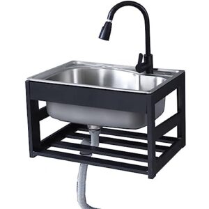 ztgl stainless steel commercial sink single bowl wall mount sink rectangular with pull-out faucet and storage shelves free standing utility sink for restaurant kitchen laundry garage,58x43cm