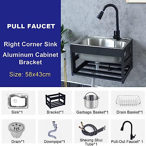 ZTGL Stainless Steel Commercial Sink Single Bowl Wall Mount Sink Rectangular with Pull-out Faucet and Storage Shelves Free Standing Utility Sink for Restaurant Kitchen Laundry Garage,58x43cm