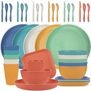42-piece wheat straw dinnerware set, plastic dinnerware set, plates, dishes, bowls, cups, cutlery set, service for 6, lightweight unbreakable plates and bowls sets, dishwasher microwave safe