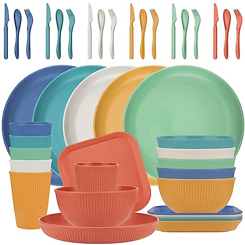 42-Piece Wheat Straw Dinnerware Set, Plastic Dinnerware Set, Plates, Dishes, Bowls, Cups, Cutlery Set, Service for 6, Lightweight Unbreakable Plates and Bowls Sets, Dishwasher Microwave Safe