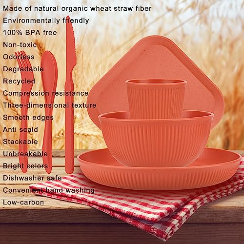 42-Piece Wheat Straw Dinnerware Set, Plastic Dinnerware Set, Plates, Dishes, Bowls, Cups, Cutlery Set, Service for 6, Lightweight Unbreakable Plates and Bowls Sets, Dishwasher Microwave Safe