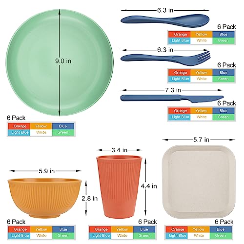 42-Piece Wheat Straw Dinnerware Set, Plastic Dinnerware Set, Plates, Dishes, Bowls, Cups, Cutlery Set, Service for 6, Lightweight Unbreakable Plates and Bowls Sets, Dishwasher Microwave Safe