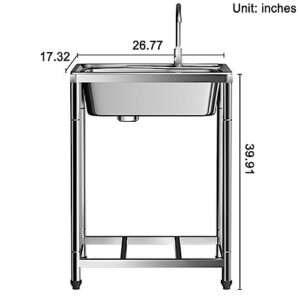 Stainless Steel Utility Sink Single Bowl Outdoor Garden Sink Freestanding Commercial Restaurant Sink Anti-overflow With Faucet Drain Basket Shelf Towel Bar For Kitchen Laundry Room Garage