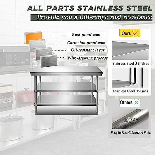 Heavy Duty Free Standing Stainless-Steel Commercial Restaurant Kitchen Work Table, Prep & Utility Workbench with Double Storage Shelves Rack, for Commercial Kitchen