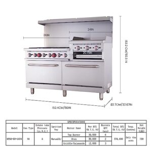 EASYROSE 60 Inch Gas Range 6 Burner Heavy Duty Ranges With Griddle, Salamander & 2 Ovens, Commercial Range for Kitchen Restaurant - 276,000 BTU, ETL Certified