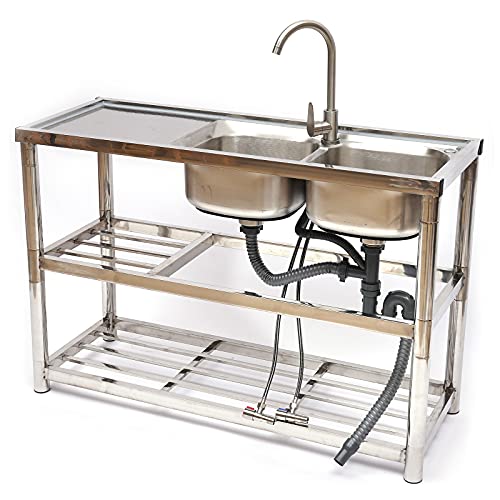 Commercial Sink Basin, Double Bowl Sink, Restaurant Kitchen Sink w/Faucet, Stainless Steel Outdoor Sink Freestanding, 2 Compartment Utility Washing Hand Basin w/Workbench and Storage Shelves