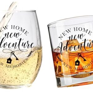 New Home New Adventures Wine and Whiskey Glass Gift Set - Unique Housewarming Gift for New Homeowners - New Home Gift Ideas for Women and Men