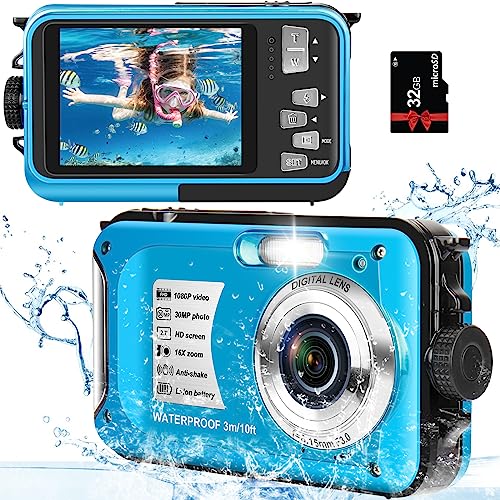 Digital Camera with 32GB Card Point and Shoot Waterproof Camera 10FT 30MP 1080P FHD Video Compact Portable 16X Zoom Waterproof Digital Camera for Kids（Blue）