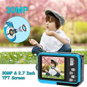 Digital Camera with 32GB Card Point and Shoot Waterproof Camera 10FT 30MP 1080P FHD Video Compact Portable 16X Zoom Waterproof Digital Camera for Kids（Blue）