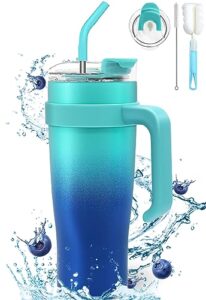 yutgsmpo 40oz tumbler with handle and straw lid, double walled stainless steel vacuum insulated tumblers water bottle, travel mug iced coffee cup, cupholder friendly, airtight leak-proof (ocean blue)