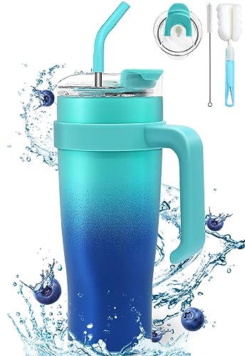 YUTGSMPO 40oz Tumbler with Handle and Straw Lid, Double Walled Stainless Steel Vacuum Insulated Tumblers Water Bottle, Travel Mug Iced Coffee Cup, Cupholder Friendly, Airtight Leak-Proof (Ocean Blue)