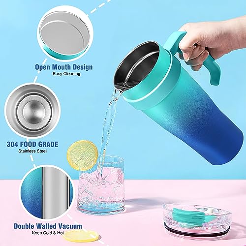 YUTGSMPO 40oz Tumbler with Handle and Straw Lid, Double Walled Stainless Steel Vacuum Insulated Tumblers Water Bottle, Travel Mug Iced Coffee Cup, Cupholder Friendly, Airtight Leak-Proof (Ocean Blue)