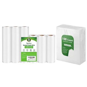 syntus vacuum sealer bags, 6 pack + 100 quart size commercial grade bags rolls, food vac bags for storage, meal prep or sous vide
