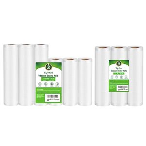 syntus vacuum sealer bags, 6+3 pack 6 rolls 11" x 20' and 3 rolls 8" x 20' commercial grade bag rolls, food vac bags for storage, meal prep or sous vide