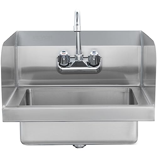 VEVOR Commercial Hand Sink with Faucet and Side Splash, NSF Stainless Steel Sink for Washing, Small Hand Washing Sink, Wall Mount Hand Basin for Restaurant, Kitchen, Bar, Garage and Home, 17x15 inch