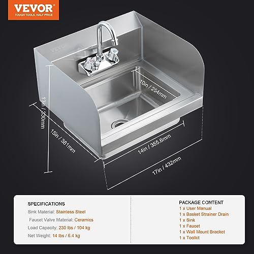 VEVOR Commercial Hand Sink with Faucet and Side Splash, NSF Stainless Steel Sink for Washing, Small Hand Washing Sink, Wall Mount Hand Basin for Restaurant, Kitchen, Bar, Garage and Home, 17x15 inch