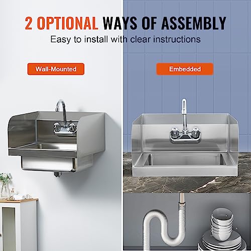 VEVOR Commercial Hand Sink with Faucet and Side Splash, NSF Stainless Steel Sink for Washing, Small Hand Washing Sink, Wall Mount Hand Basin for Restaurant, Kitchen, Bar, Garage and Home, 17x15 inch