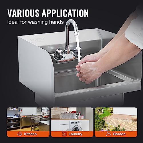 VEVOR Commercial Hand Sink with Faucet and Side Splash, NSF Stainless Steel Sink for Washing, Small Hand Washing Sink, Wall Mount Hand Basin for Restaurant, Kitchen, Bar, Garage and Home, 17x15 inch