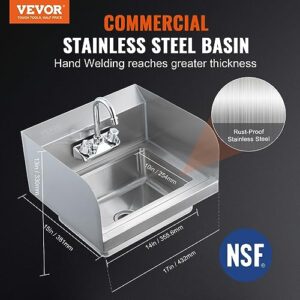 VEVOR Commercial Hand Sink with Faucet and Side Splash, NSF Stainless Steel Sink for Washing, Small Hand Washing Sink, Wall Mount Hand Basin for Restaurant, Kitchen, Bar, Garage and Home, 17x15 inch